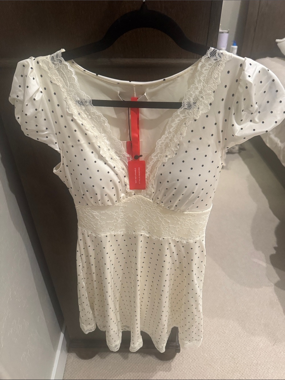 White Polka Dot Lace-Trim V-Neck Women’s Dress Top